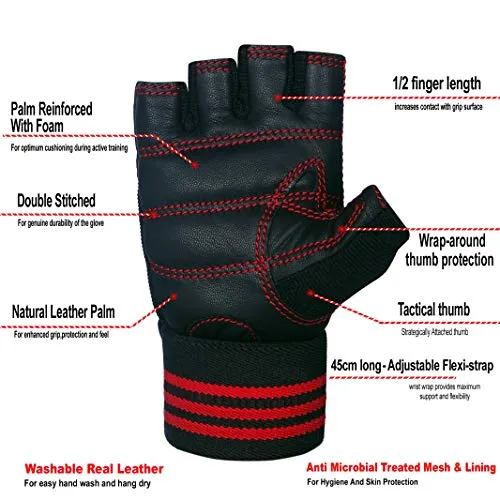 X TRIM Macho Unisex Professional Weightlifting Gym Gloves with Wrist Wrap for Palm and Wrist Protection (Leather Grip, Black & Red)